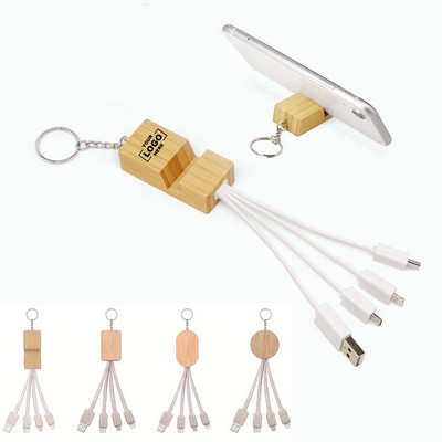 Eco-Friendly 3In1 Bamboo Keychain Charging Cable W/ Phone Stand