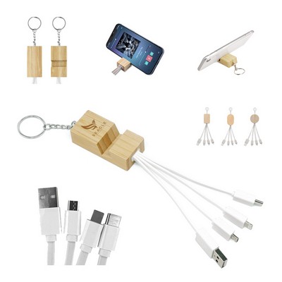 4-in-1 Bamboo Keychain Design Multi-Charging Cable